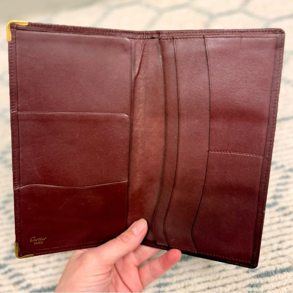 CARTIER Vintage Unisex Must de Cartier Bordeaux Calfskin Long Slim Wallet W Gold